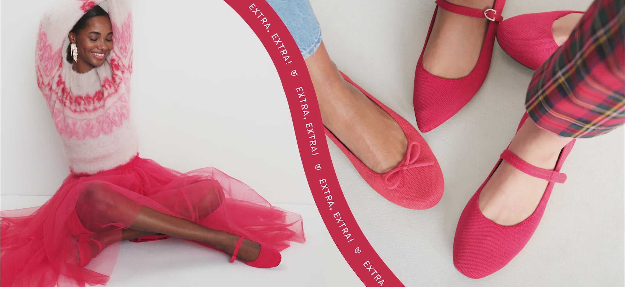 A diptych of two images of models wearing red Rothy's shoes, and animated ticker tape reading "EXTRA, EXTRA!"