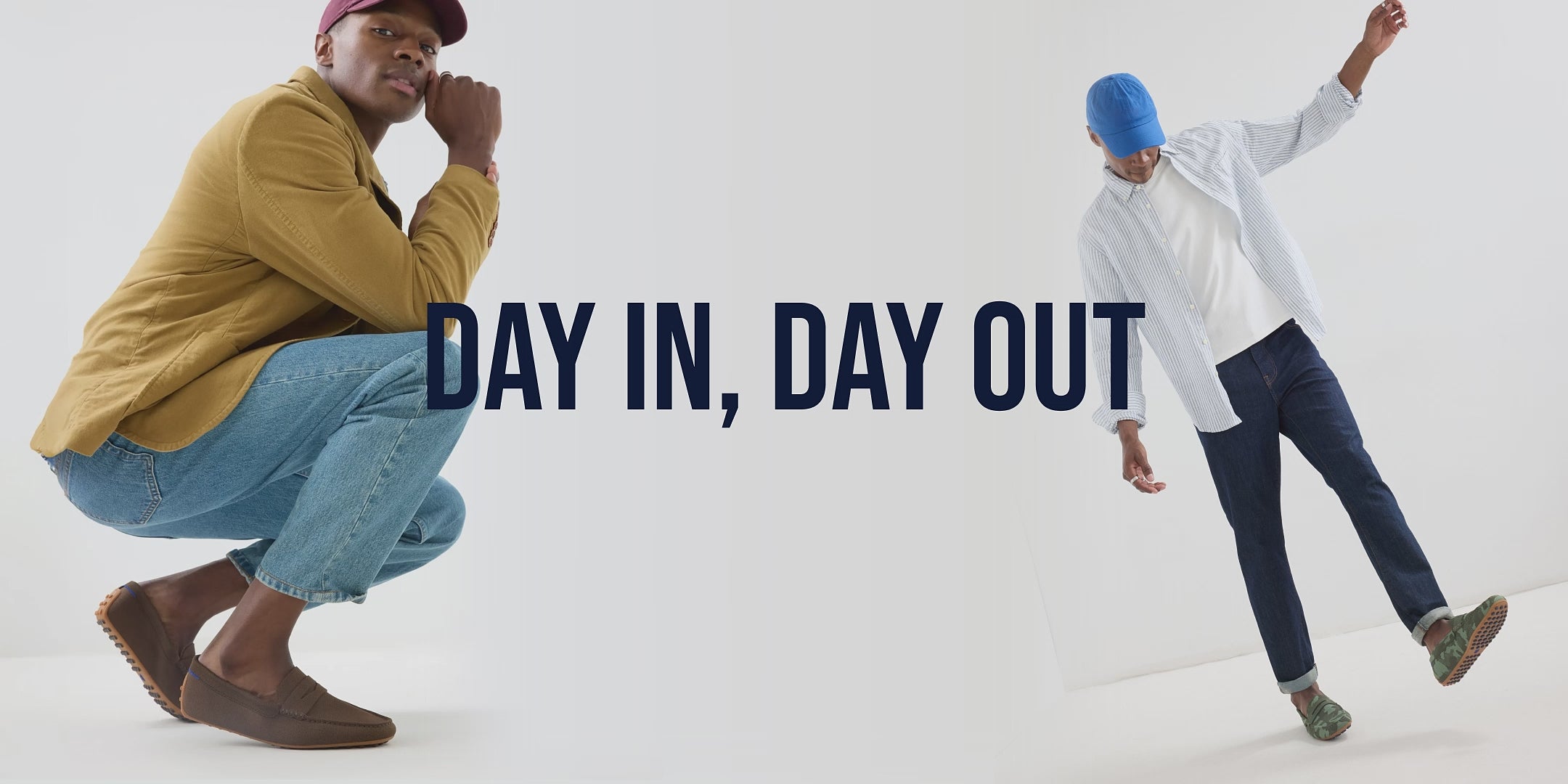 Model wearing The Men's Daily Driver, and model wearing The Daily Driver, with text overlay 'Day in, Day out."