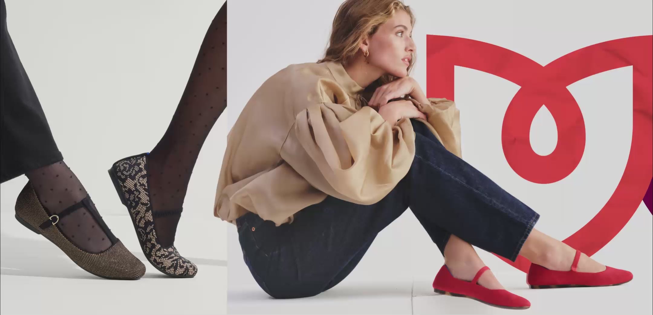 Model wearing The Max Square Mary Jane in Chantilly Noir, and The T-Strap Mary Jane in Bronzite.