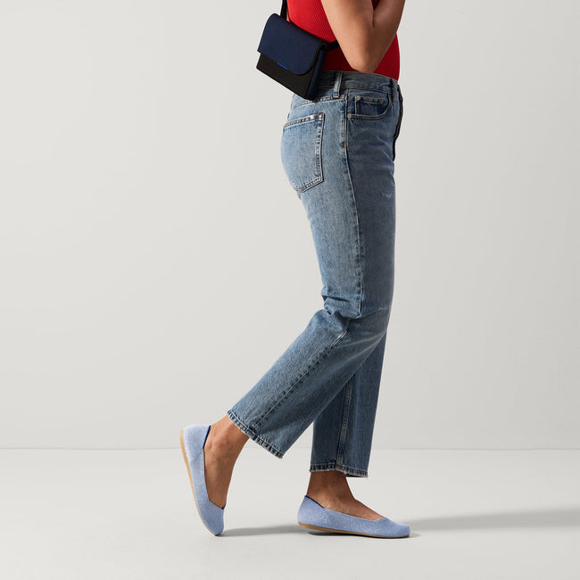 Alternate view of a model wearing The Flat in Something Blue. 