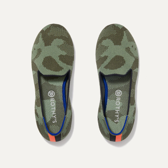 A pair of The Kids slip-on Loafers in Olive Camo shown from the top view.