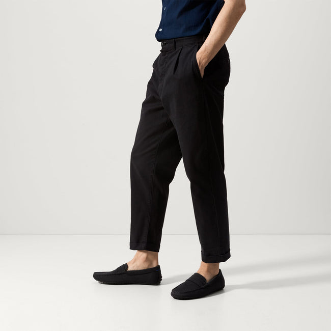 Alternate view of a model wearing The Driving Loafer in Black. 