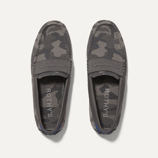 A pair of The Driving Loafer in Pavement Camo shown from the top. 