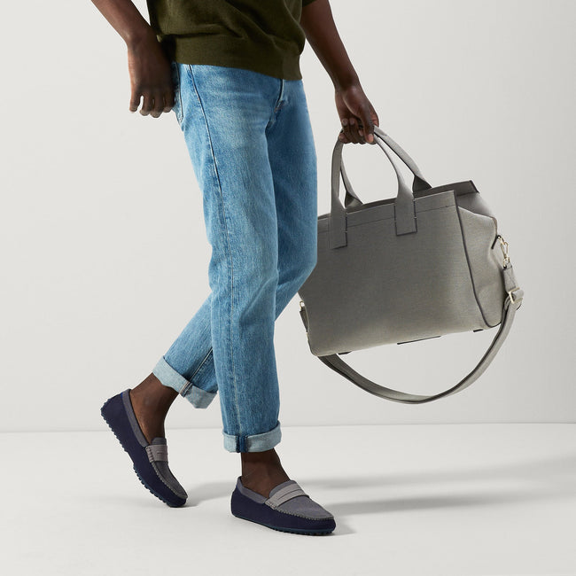 Alternate view of a model wearing The Driving Loafer in Amalfi Blue.