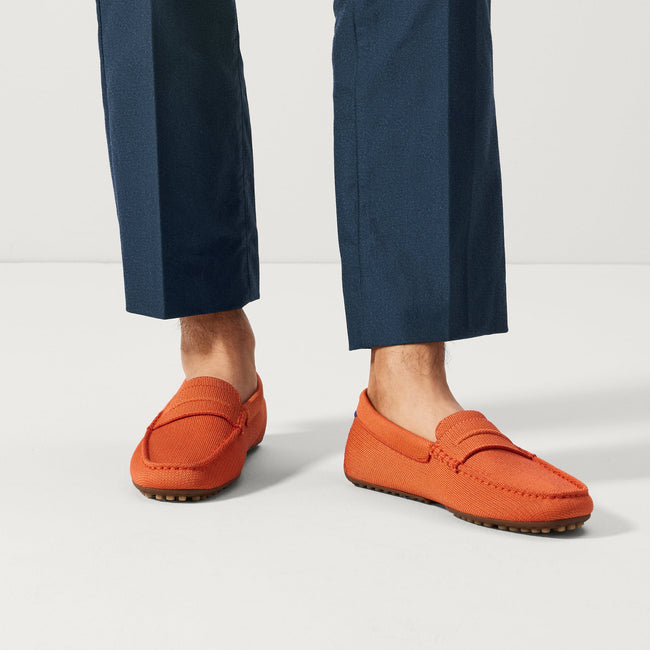 hover | Model wearing The Driving Loafer in Apricot. 