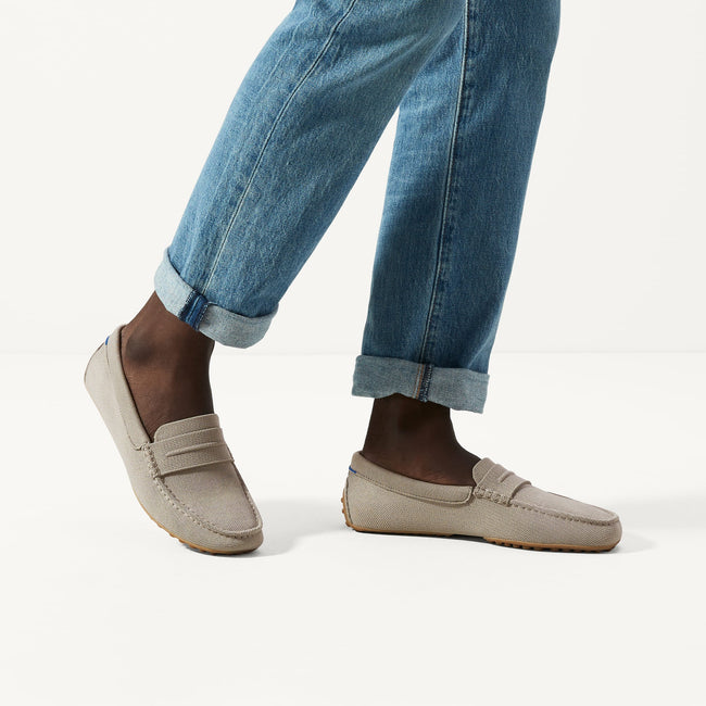 Model wearing The Driving Loafer in Barley. 