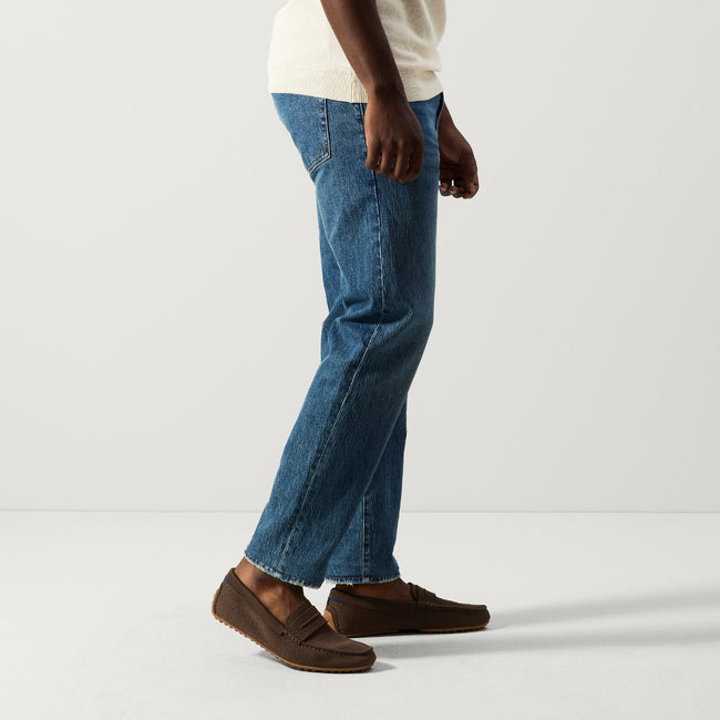 Alternate view of a model wearing The Driving Loafer in Brown Herringbone. 