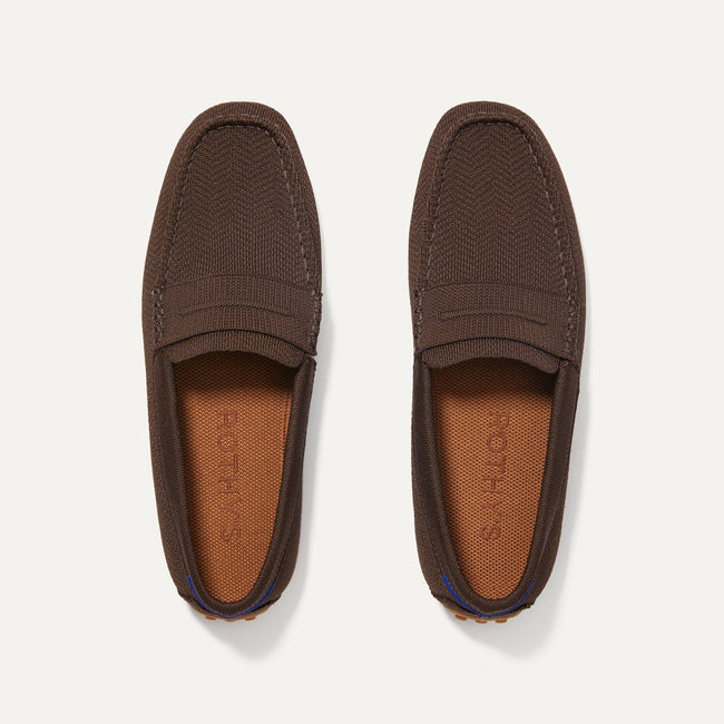 A pair of The Driving Loafer in Brown Herringbone shown from the top. 