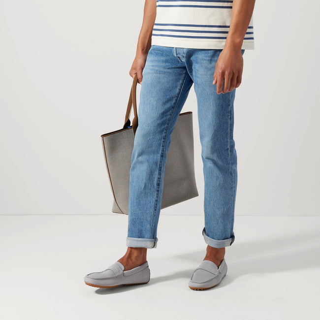 Alternate view of a model wearing The Driving Loafer in Falcon. 