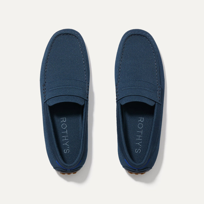 A pair of The Driving Loafer in Navy shown from the top. 