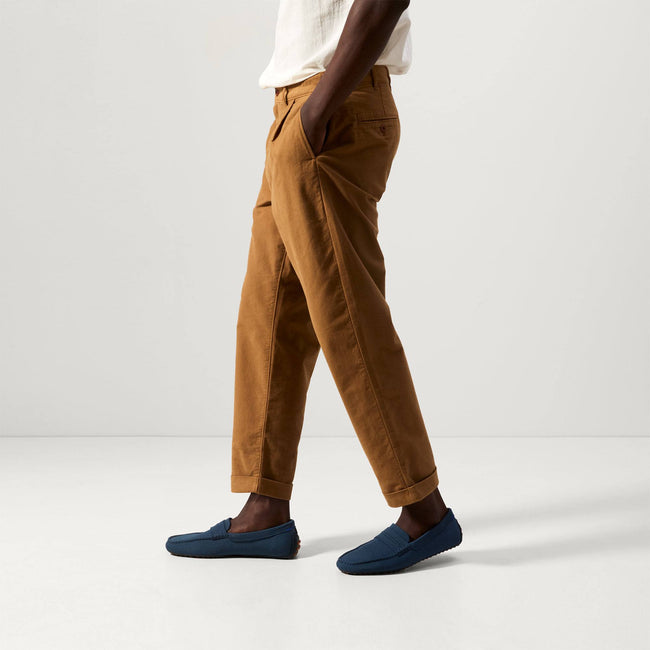 Alternate view of a model wearing The Driving Loafer in Navy. 
