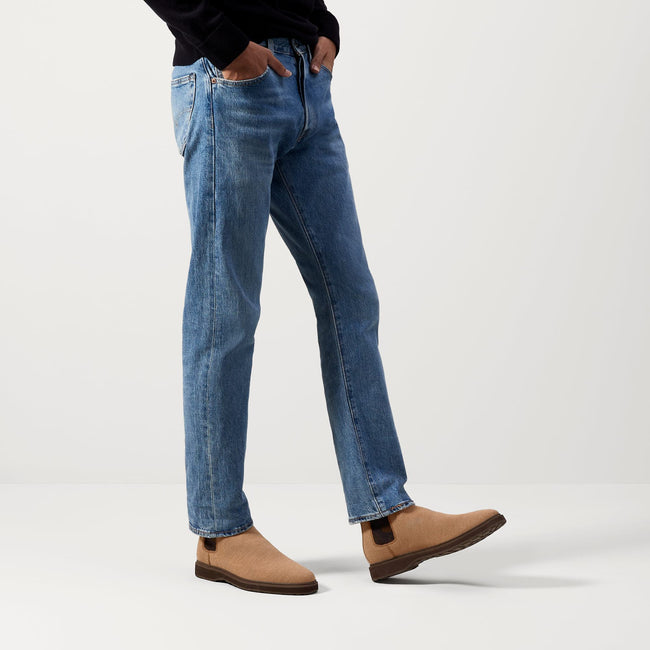 Alternate view of a model wearing The Merino Chelsea Boot in Bourbon.