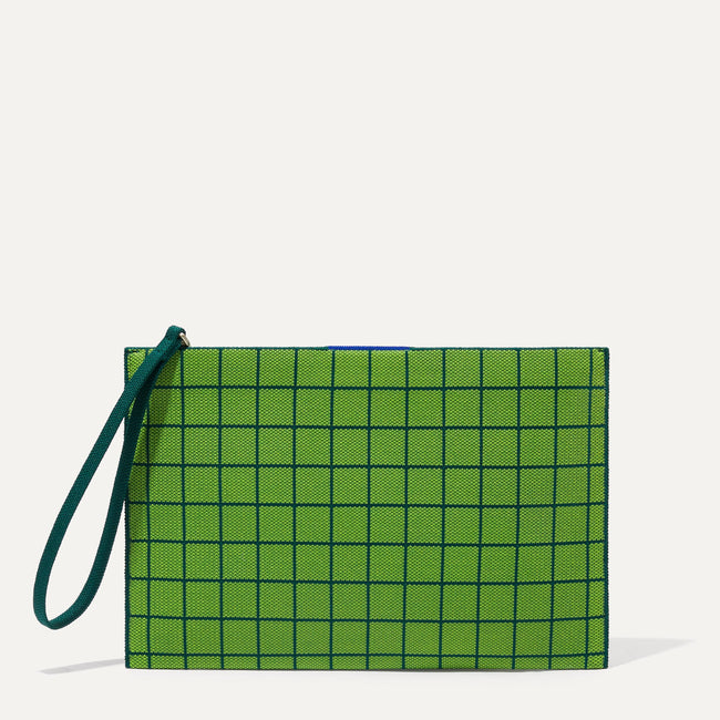 The Wristlet in Leaf Green Windowpane shown from the front. 