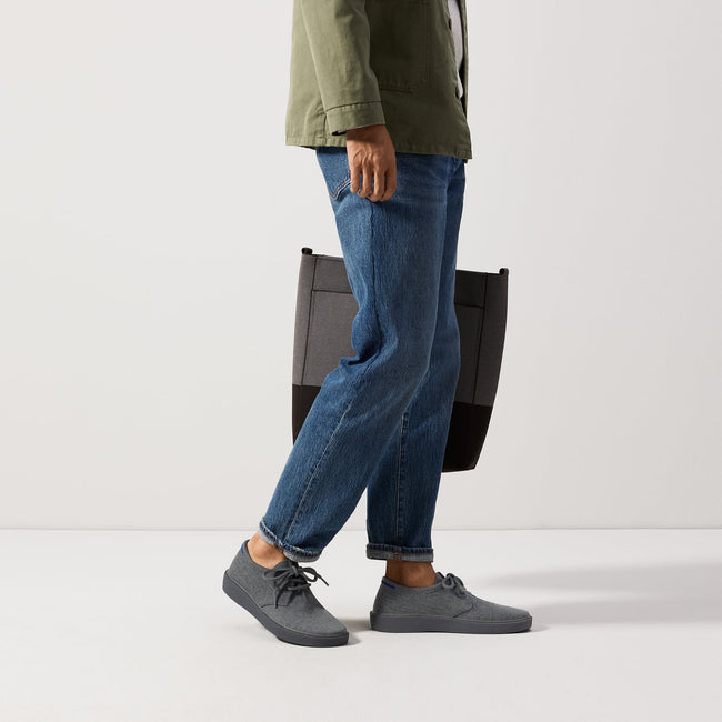 Alternate view of a model wearing The Monty in Mountain Grey. 